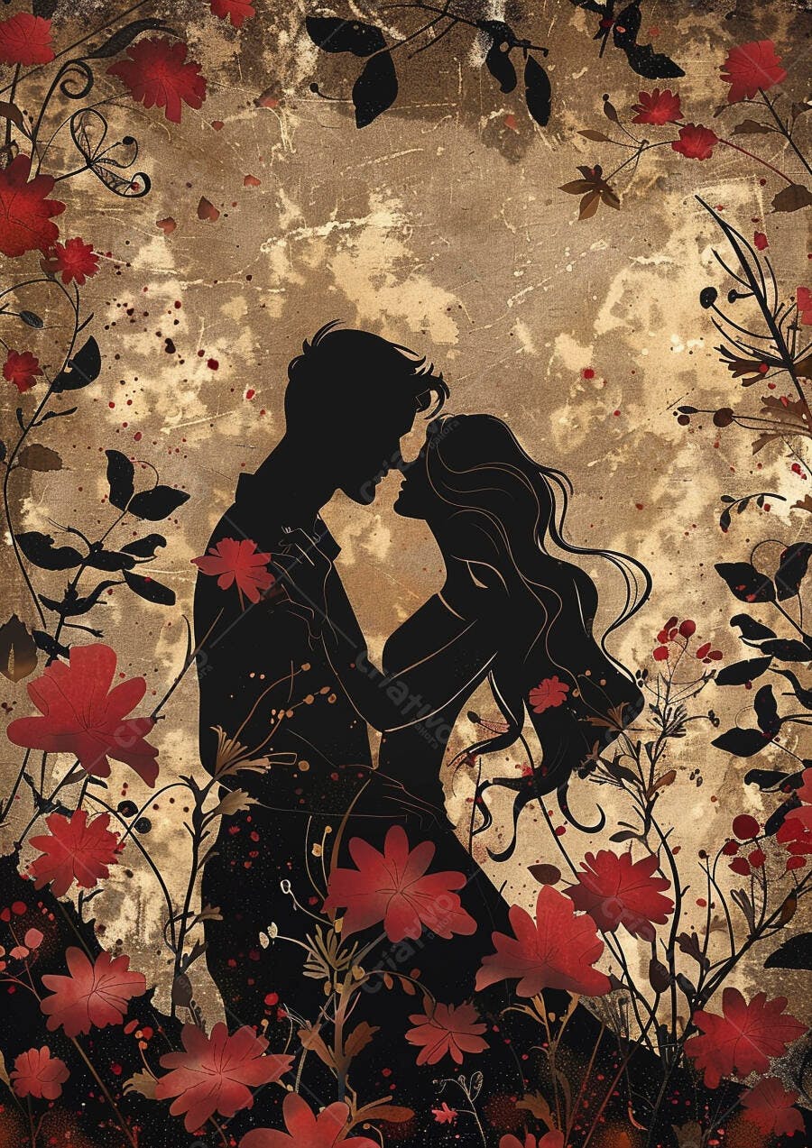 Casal abraçado entre flores vermelhas em fundo texturizado dourado