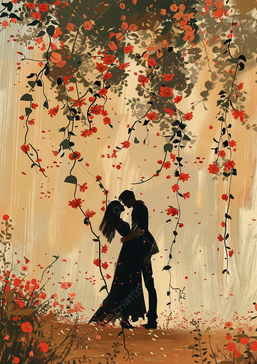 Casal abraçado sob flores vermelhas ilustração romântica