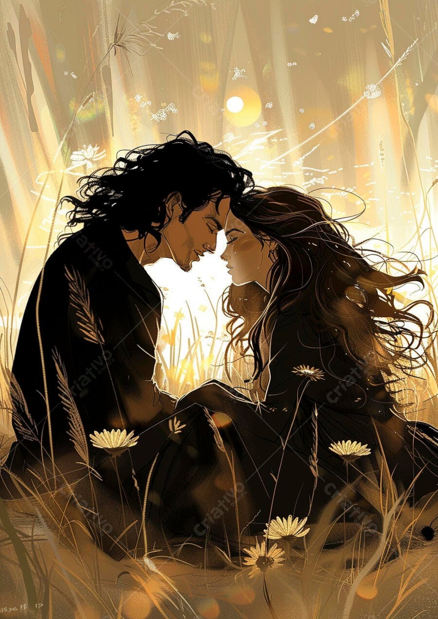 Casal de etnia mista em momento íntimo num campo dourado ao pôr do sol