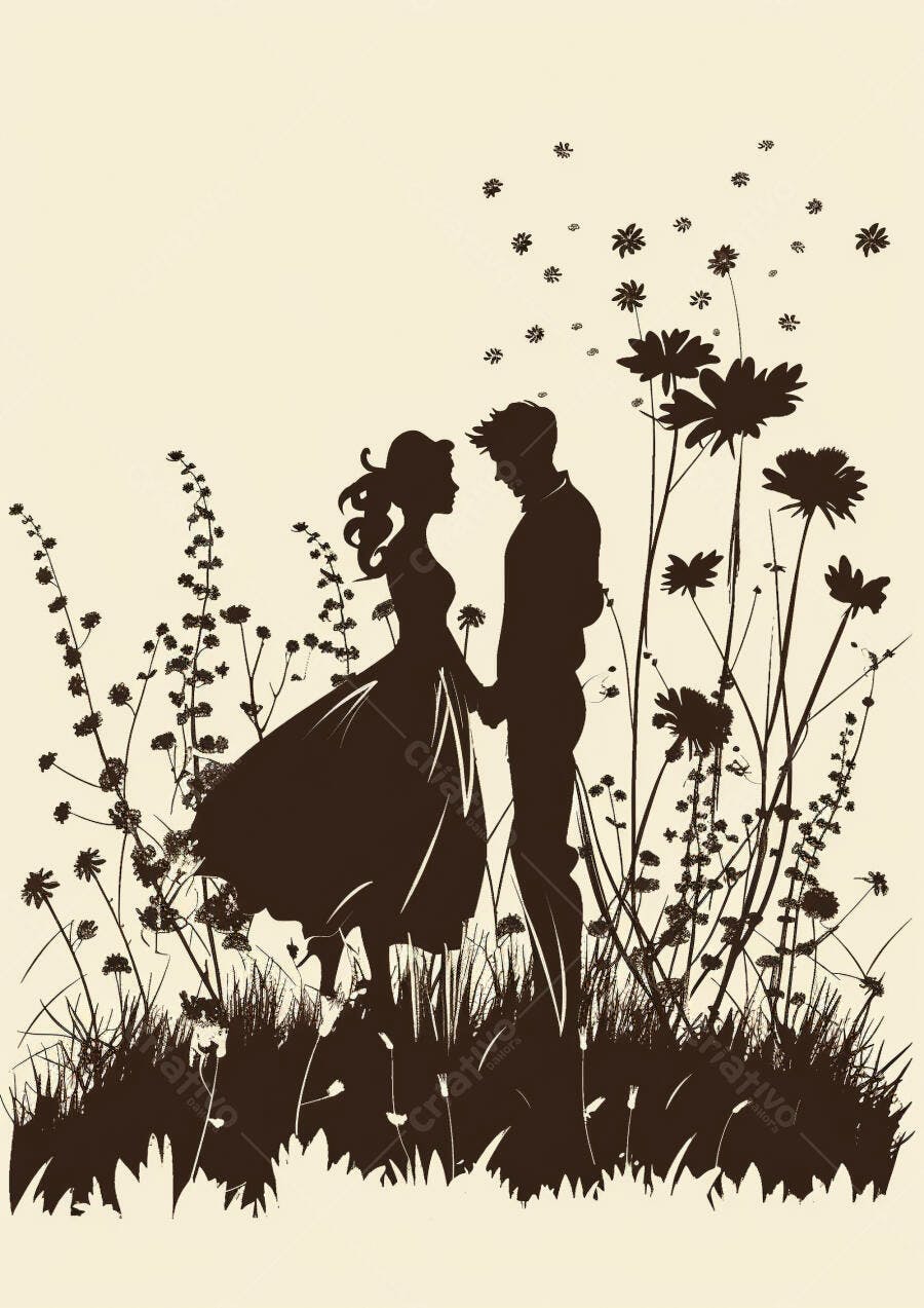Casal jovem silhueta de mãos dadas em campo de flores ao entardecer romântico