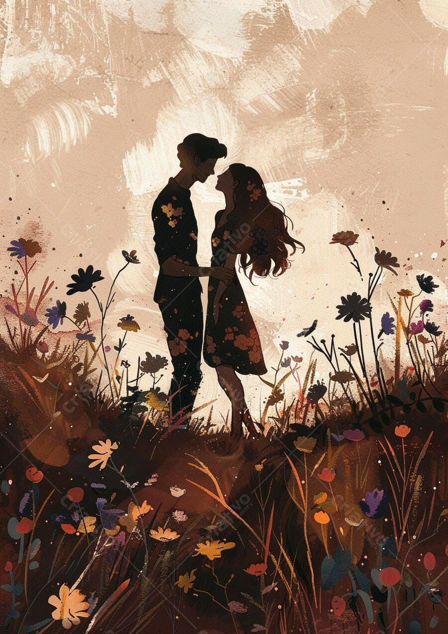 Casal romântico em campo de flores ao entardecer ilustração