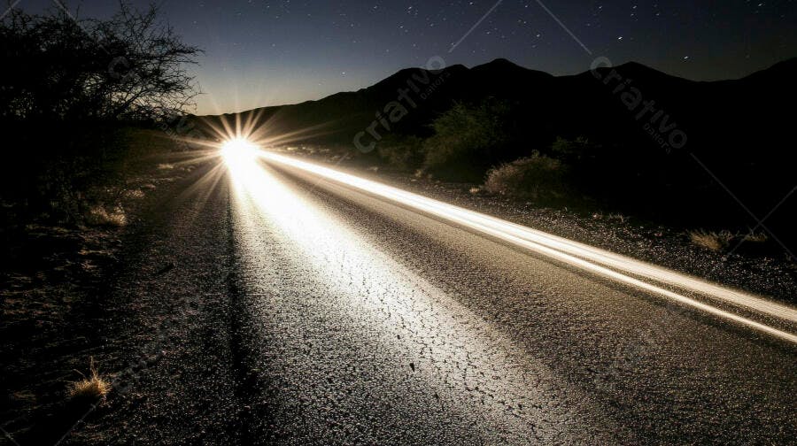 Faróis de carro em estrada rural à noite com montanhas e céu estrelado