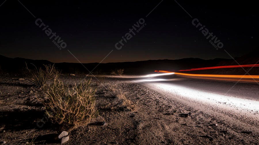 Rastros de luz vibrantes em estrada deserta à noite sob céu estrelado