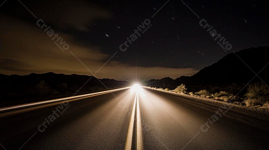 Estrada deserta à noite com luzes de carro e céu estrelado
