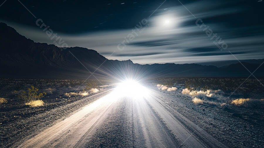 Estrada de terra no deserto à noite com faróis brilhantes e lua cheia