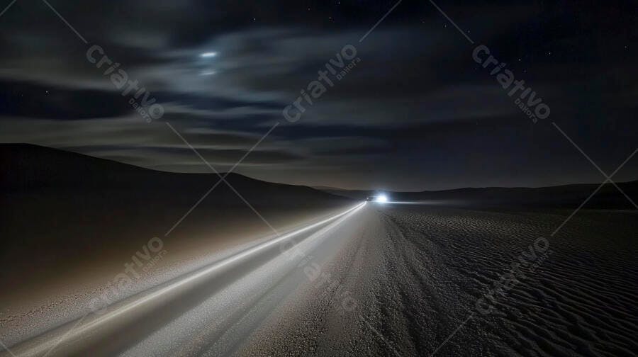 Estrada no deserto com faróis de carro à noite sob céu estrelado