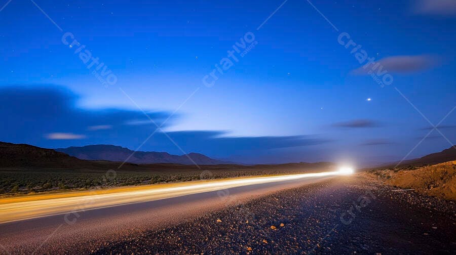 Estrada deserta noturna com rastros de luz de carro e céu estrelado azul