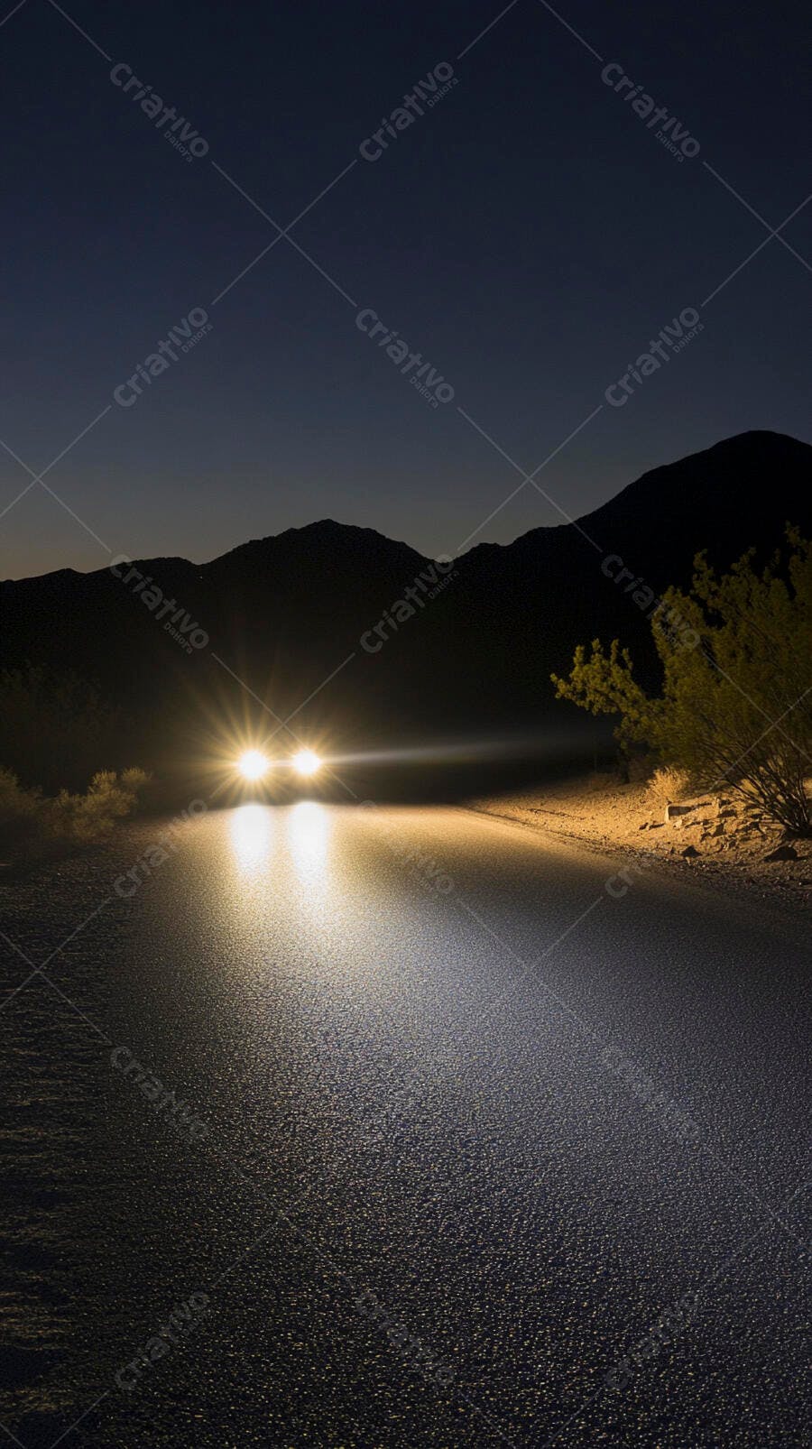 Carro com faróis acesos em estrada deserta à noite com montanhas