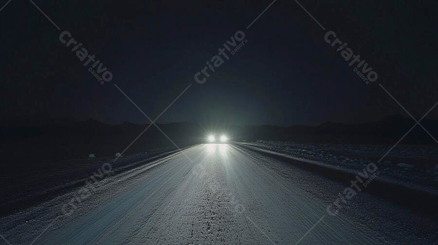 Faróis de carro iluminando estrada gelada sob céu noturno escuro