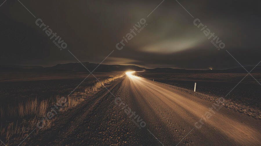 Estrada de chão escura à noite com luzes de carro em campo aberto