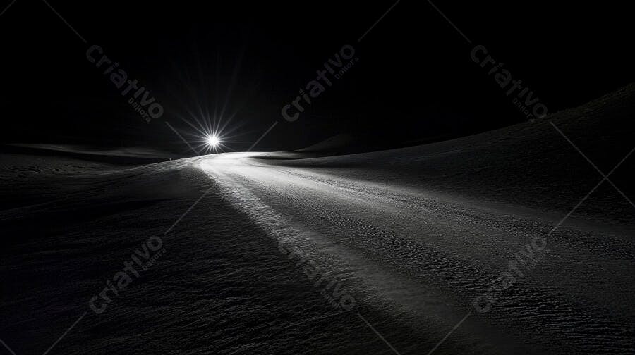 Luz intensa iluminando estrada noturna em paisagem escura de inverno
