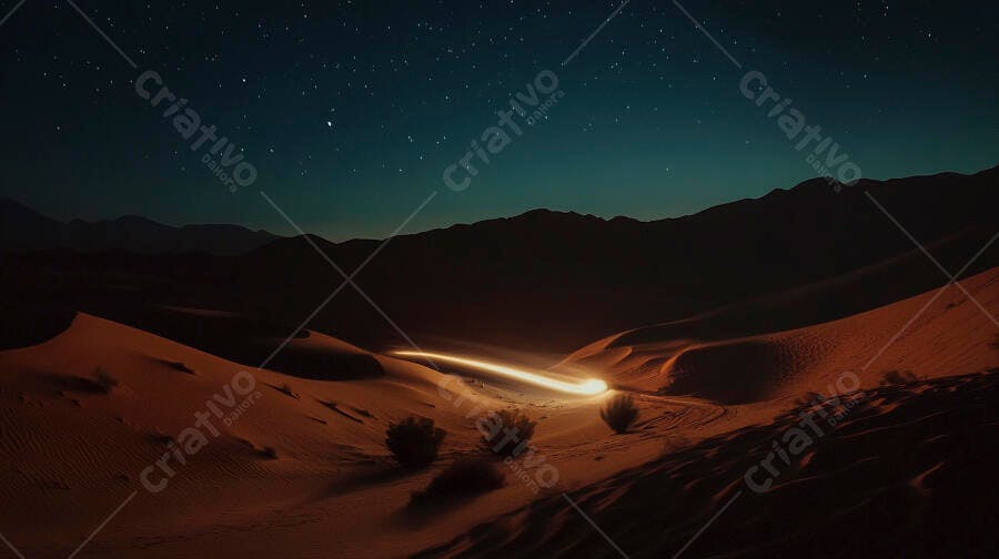 Deserto noturno dunas areia e céu estrelado com rastro de luz misterioso