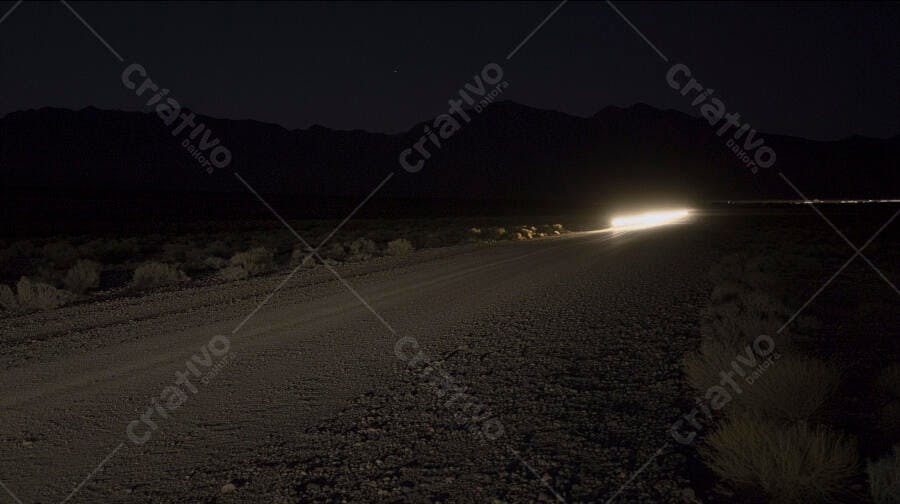 Estrada de terra noturna iluminada por faróis de carro no deserto