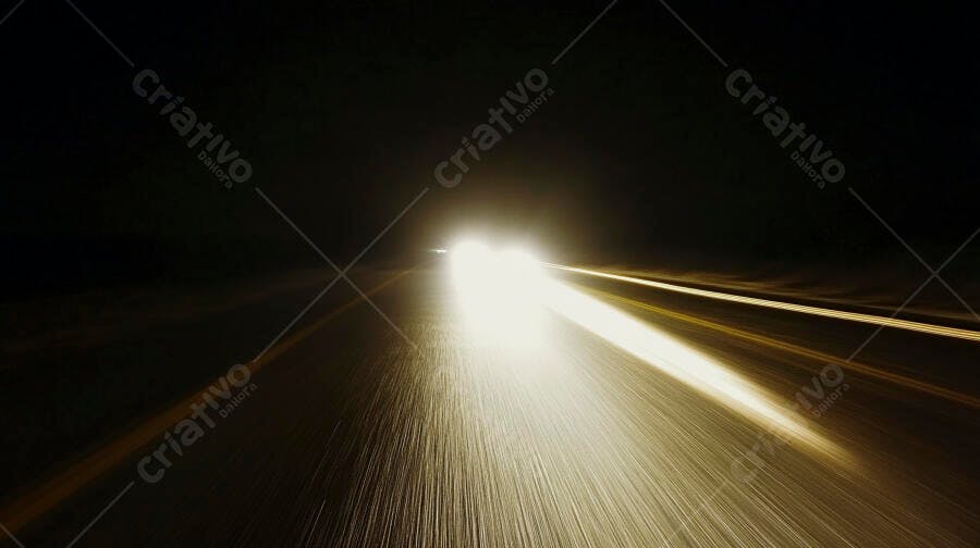 Faróis de carro se aproximando na estrada noturna com rastros de luz