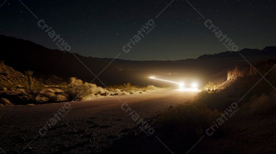 Carro com faróis na estrada do deserto sob céu estrelado à noite