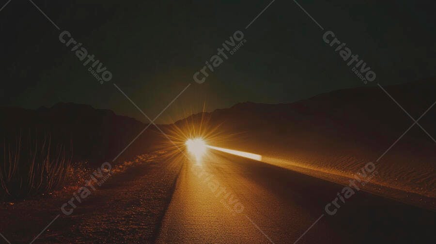 Faróis de carro iluminando estrada escura no deserto noturno