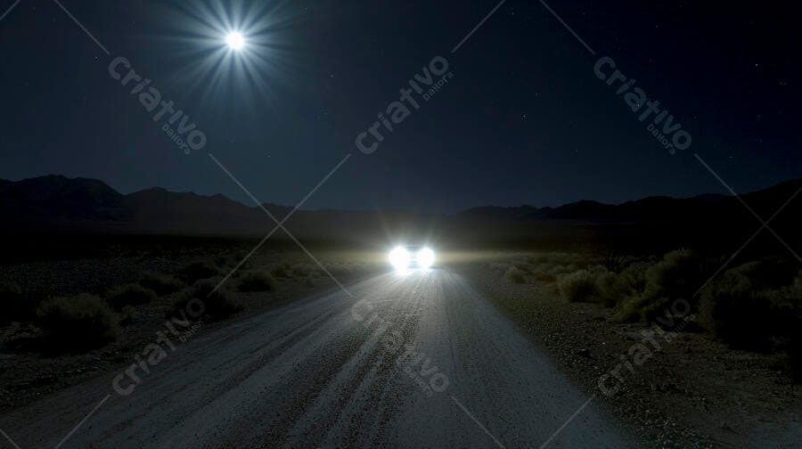 Carro branco em estrada deserta iluminado por faróis e lua cheia à noite