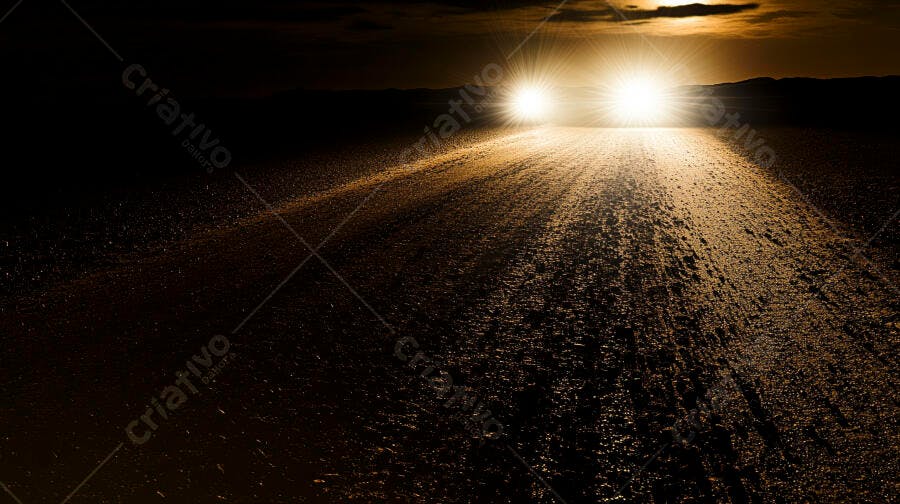 Faróis de carro iluminando estrada de terra escura à noite