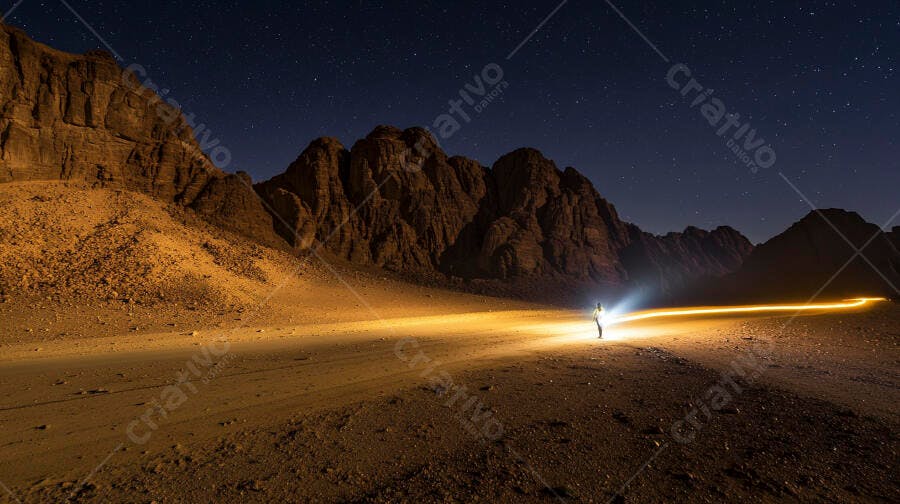 Pessoa com lanterna criando trilha de luz em deserto rochoso sob céu noturno estrelado