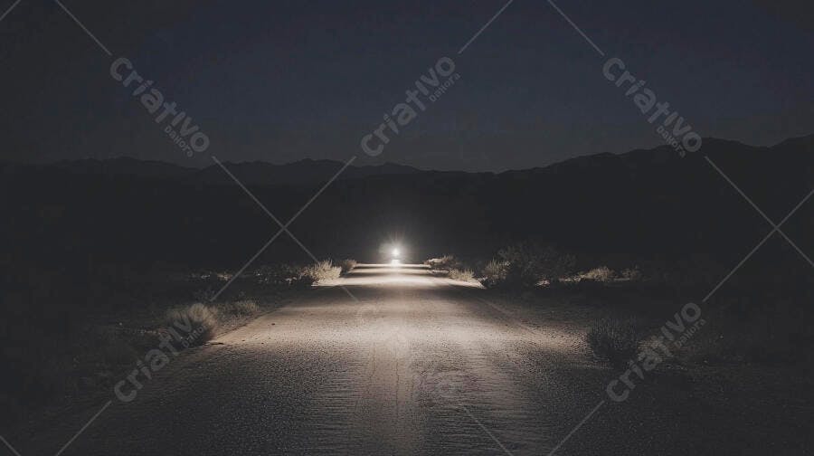 Estrada de terra noturna com faróis de carro à distância na paisagem escura