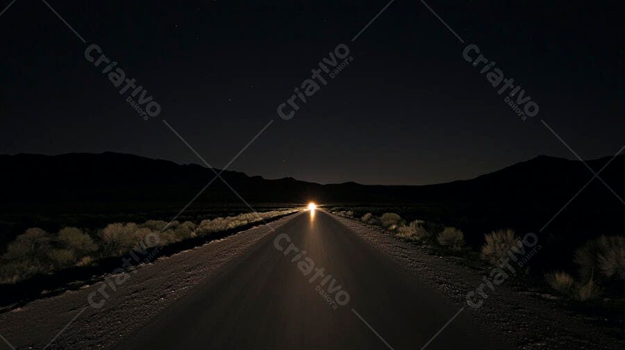 Estrada noturna solitária com farol brilhante se aproximando no deserto