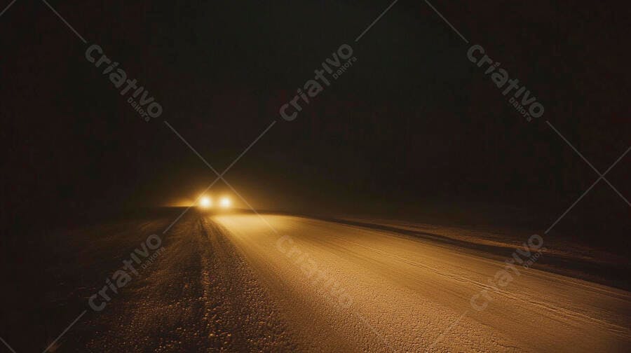 Faróis de carro iluminando estrada poeirenta na escuridão noturna