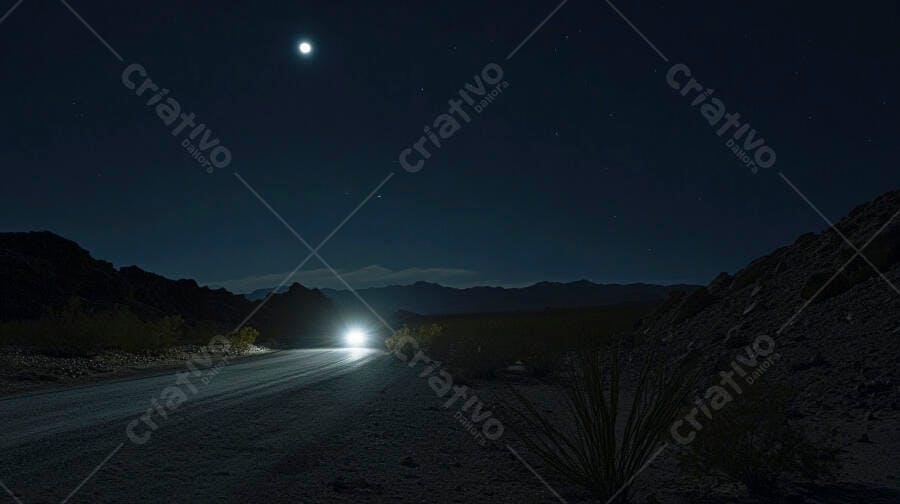 Estrada deserta noturna com carro e luzes iluminando caminho sob a lua e estrelas