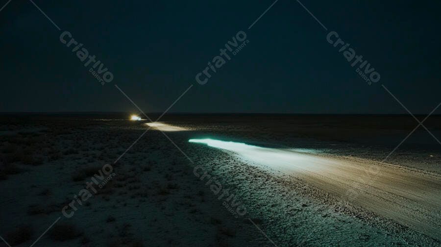 Carro com faróis acesos em estrada de terra noturna desolada