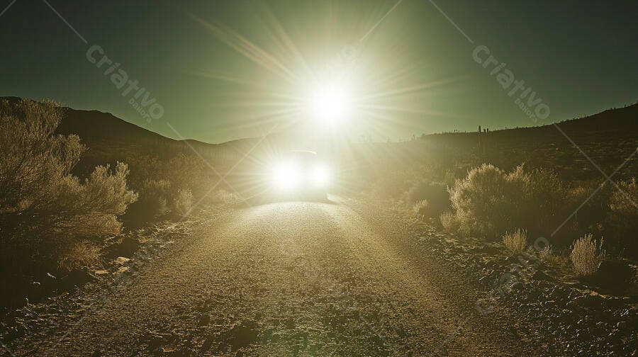 Carro com faróis acesos em estrada de terra ao pôr do sol árido