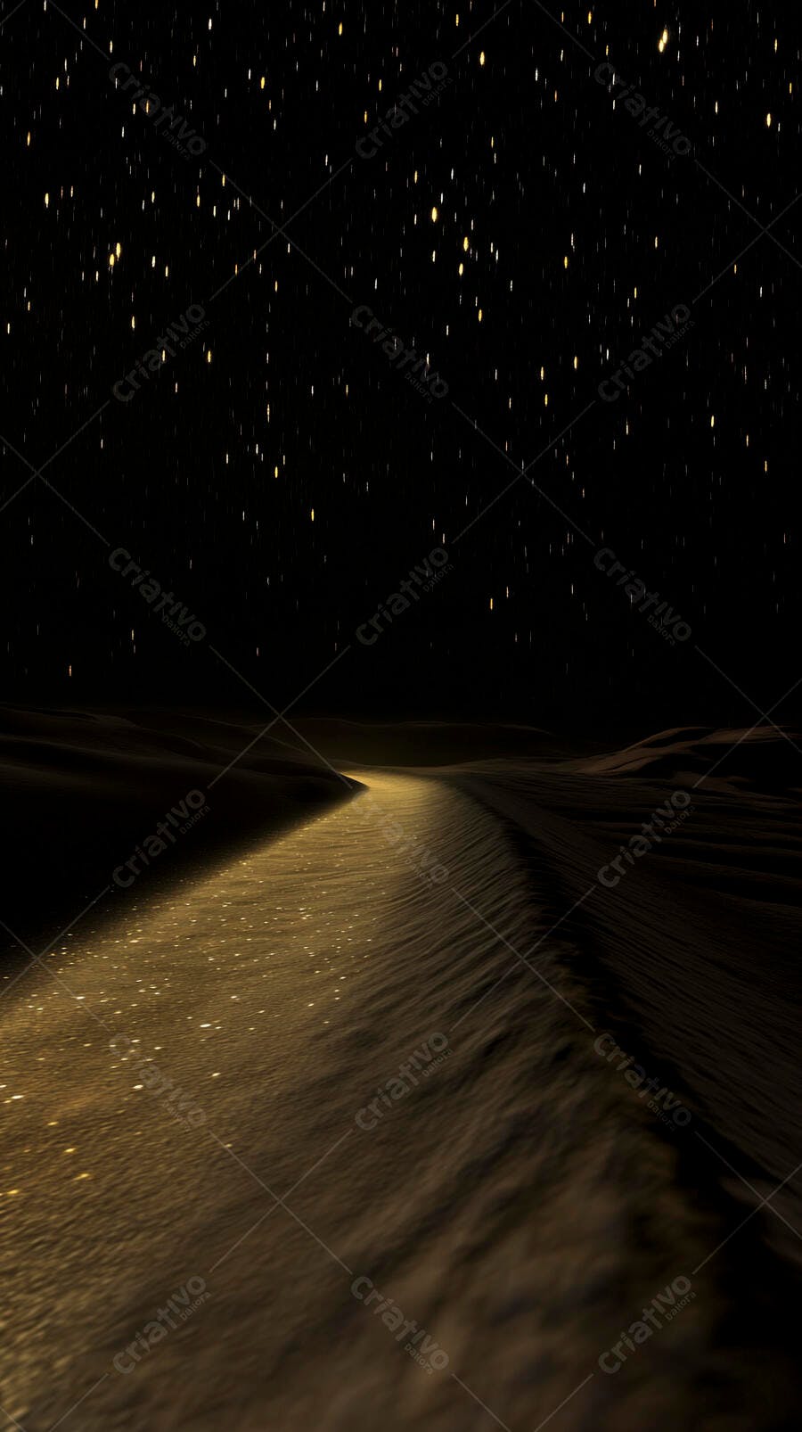 Caminho dourado mágico em dunas escuras sob noite estrelada