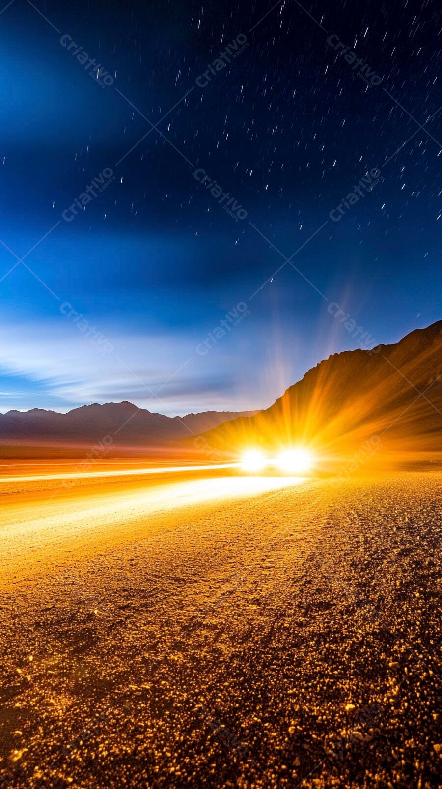 Estrada no deserto com luzes brilhantes à noite sob céu estrelado