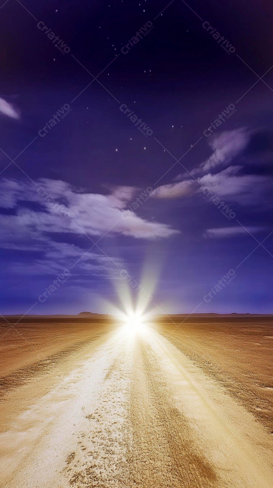Caminho desértico iluminado por luz intensa sob céu noturno estrelado