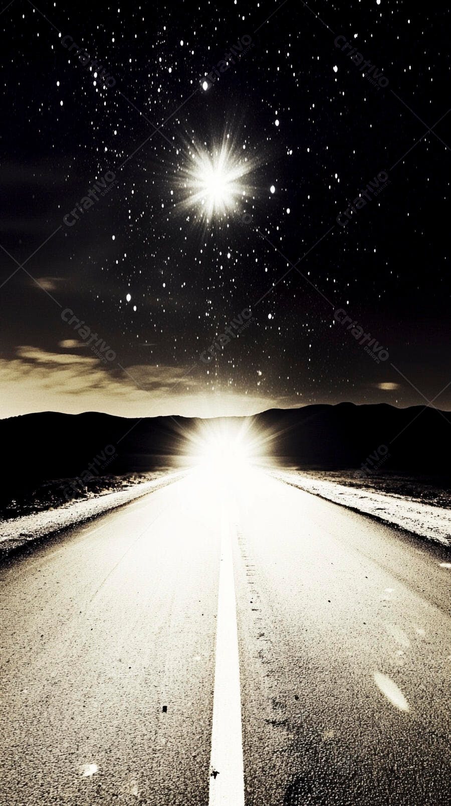 Estrada noturna com luz intensa no horizonte e céu estrelado