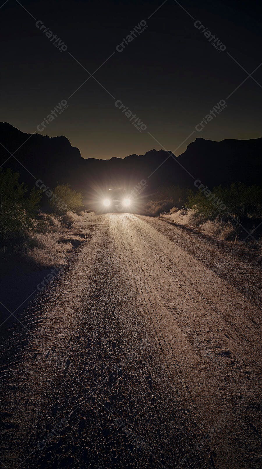 Carro com faróis acesos em estrada de terra no deserto à noite