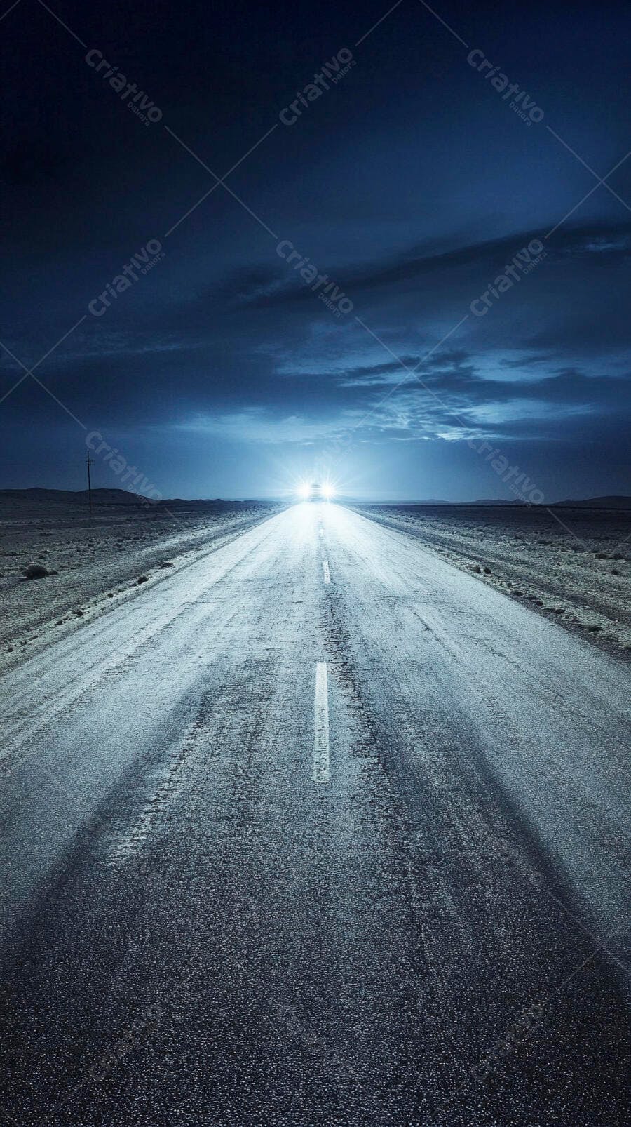 Estrada deserta com carro se aproximando à noite sob céu escuro