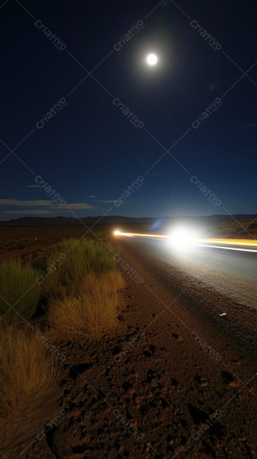 Carro com faróis acesos em estrada deserta sob lua cheia à noite