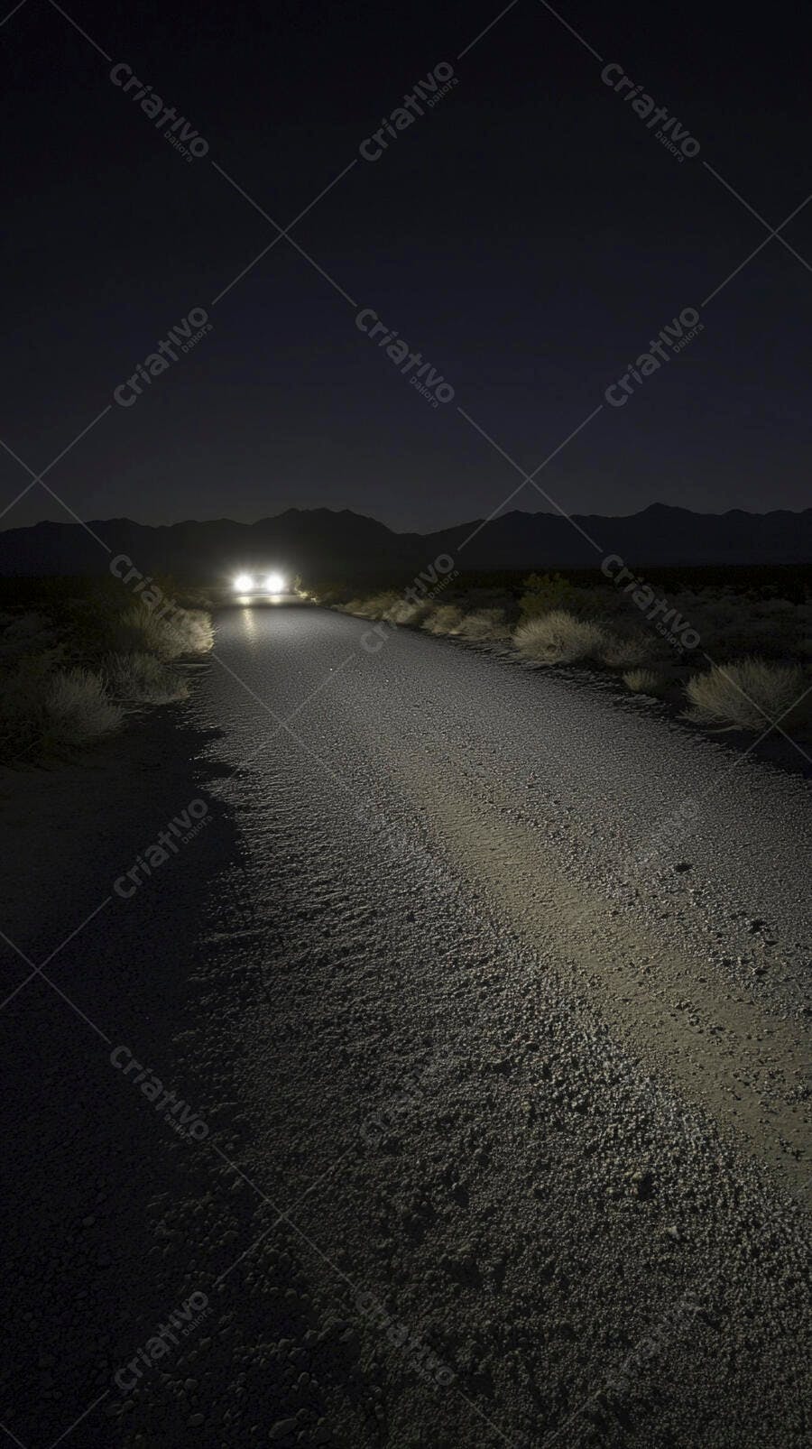 Estrada de terra escura à noite com faróis de carro iluminando o caminho no deserto