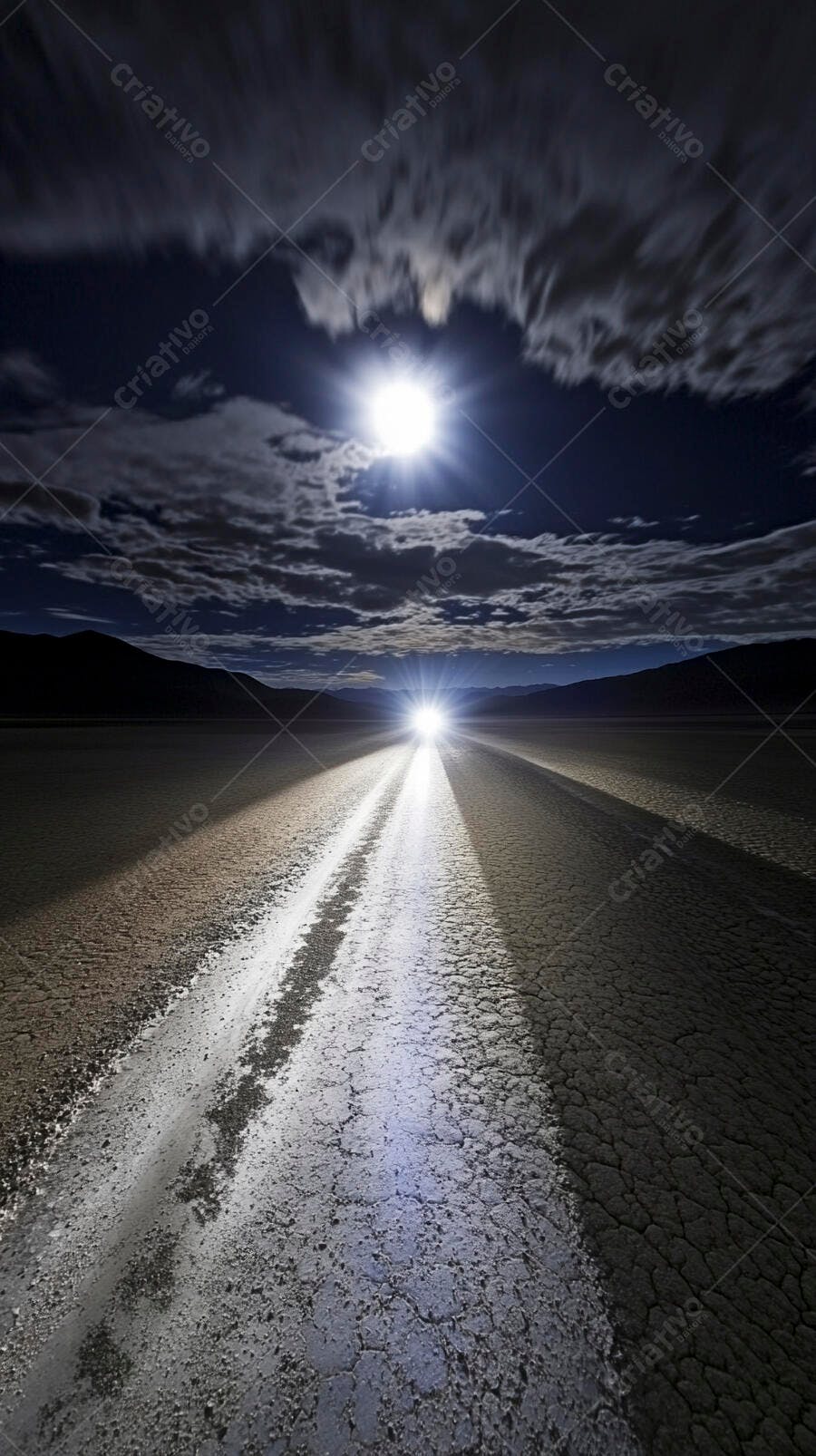 Paisagem desértica noturna estrada de terra iluminada por faróis e lua cheia