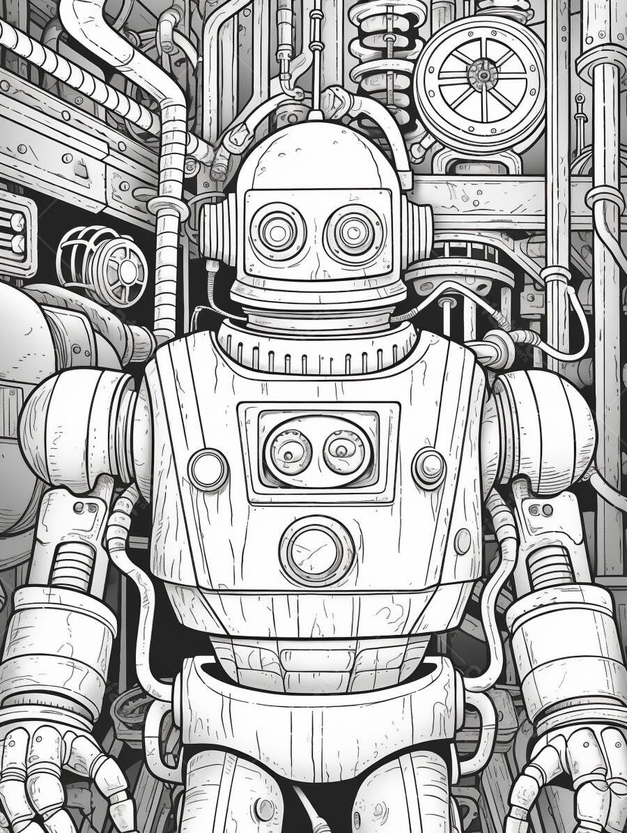 Robô clássico em ilustração detalhada de fábrica futurista e máquinas industriais