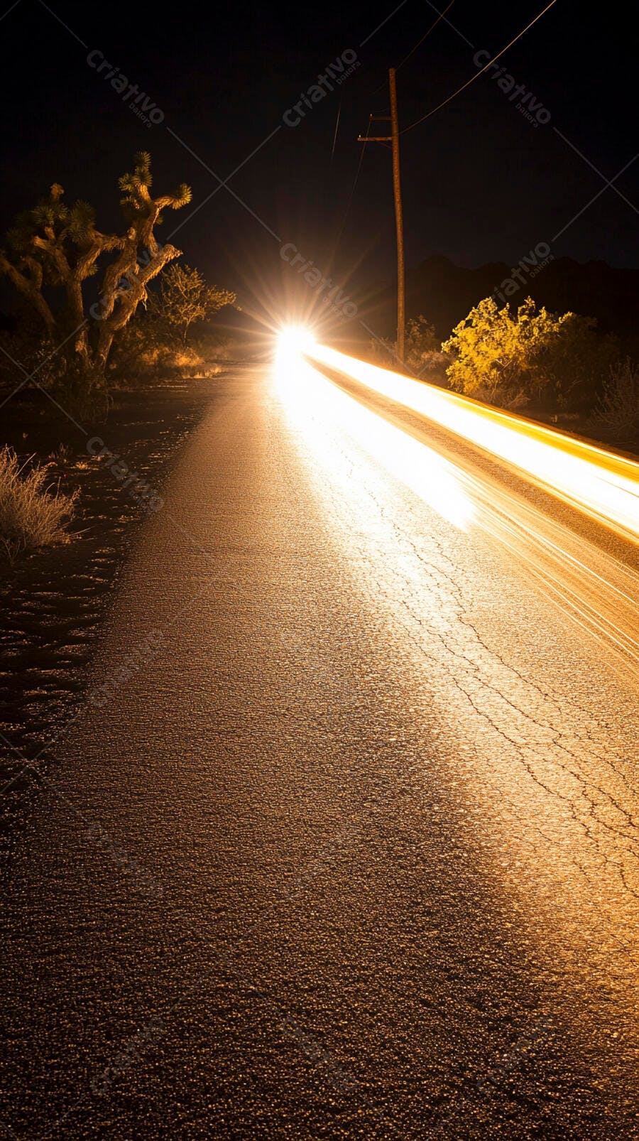 Estrada noturna com rastros de luz de carro entre árvores e poste no deserto