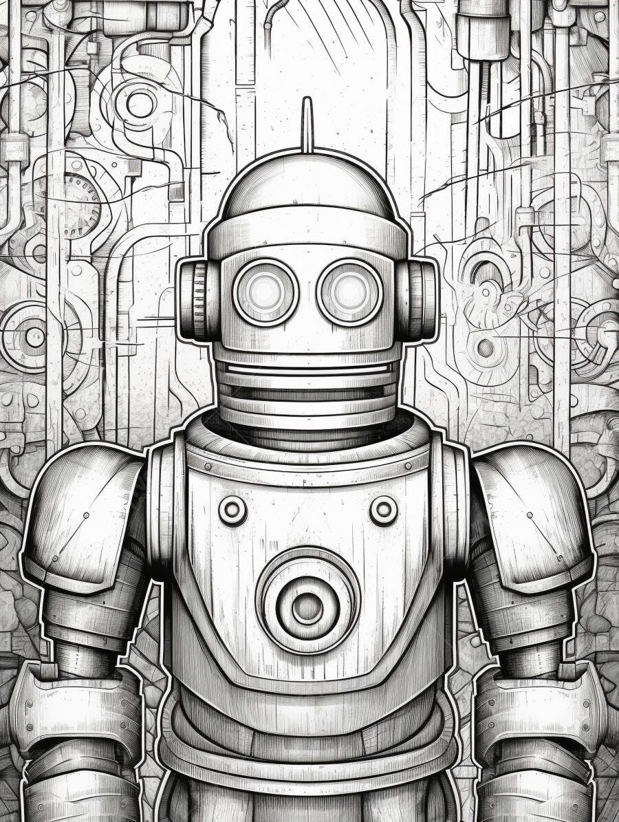 Robô estilo vintage com olhos redondos em fundo mecânico detalhado monocromático
