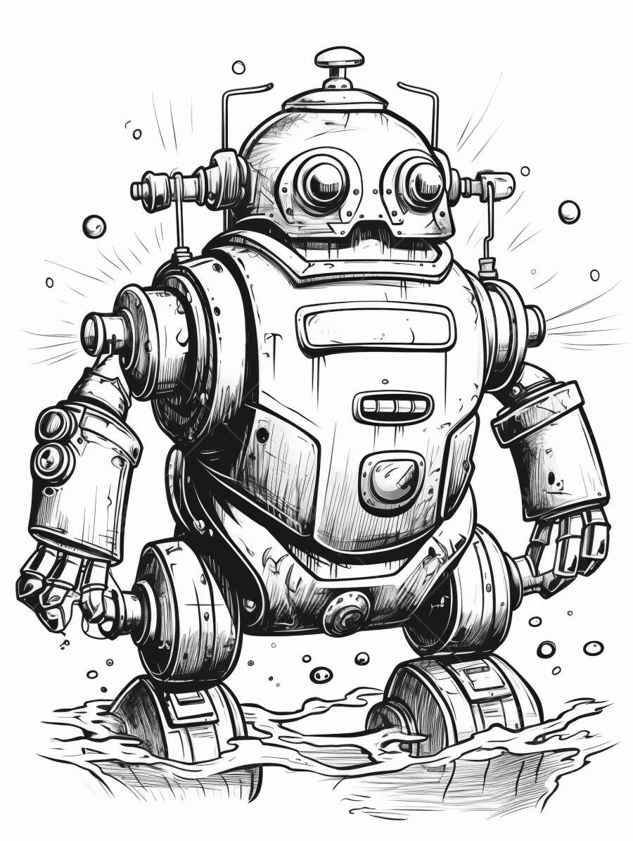 Robô vintage de desenho em linha preta e branca com grandes olhos na água