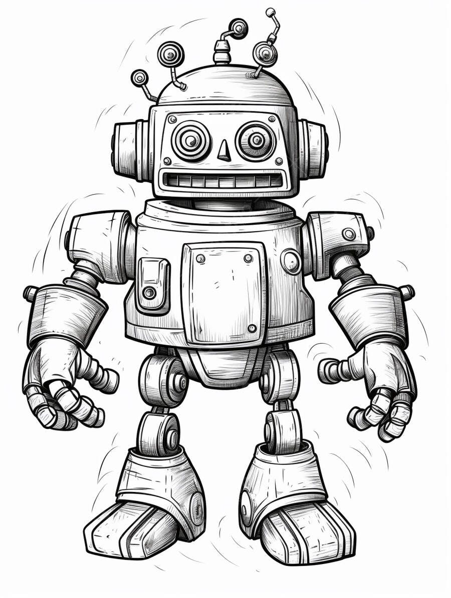 Robô amigável estilo desenho animado em preto e branco sorrindo