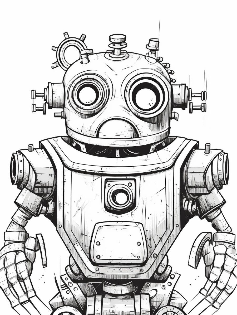 Robô vintage de olhos grandes ilustração preto e branco