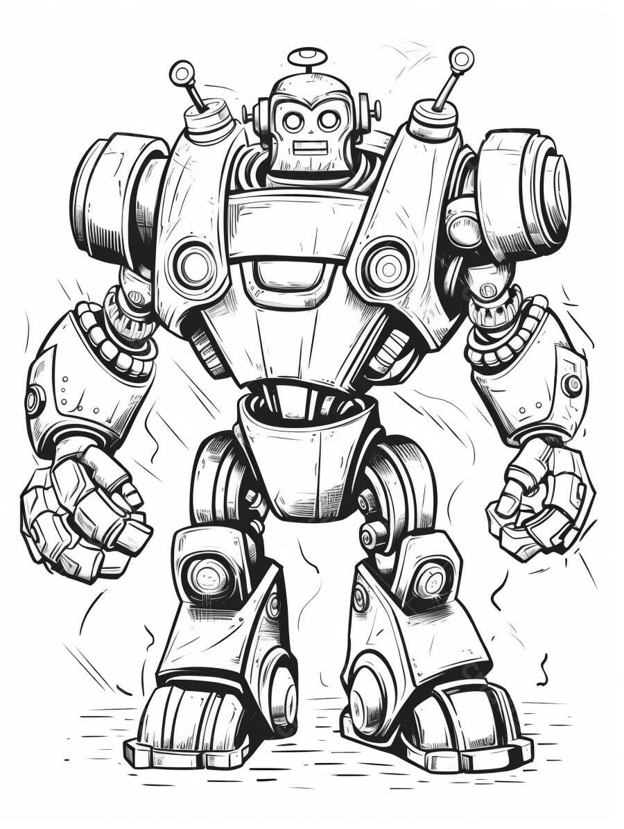 Robô gigante poderoso ilustração preto e branco estilo quadrinhos