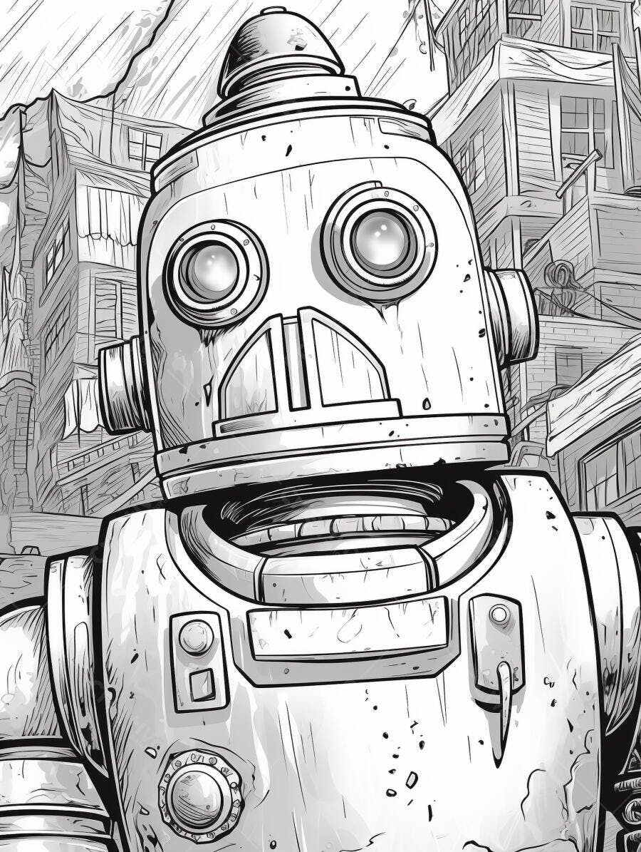 Robô vintage metálico em cidade antiga ilustração preto e branco