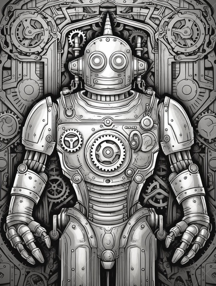 Robô mecânico detalhado estilo steampunk em tons de cinza com engrenagens