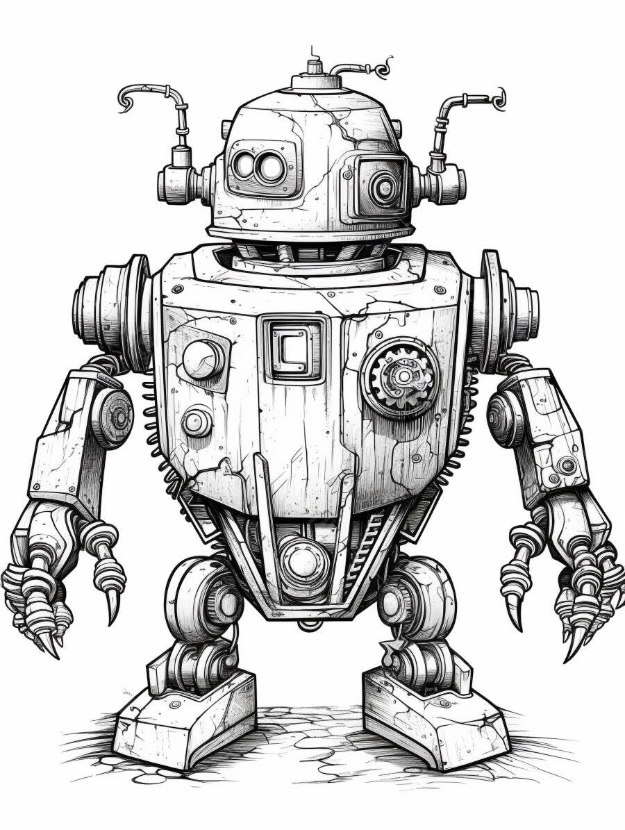 Robô steampunk ilustração p&b estilo vintage com detalhes mecânicos desgastados