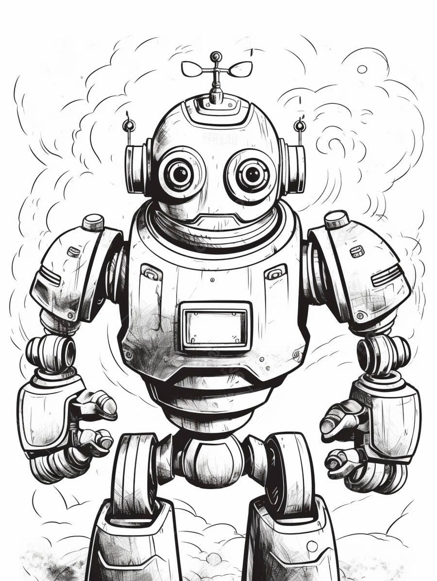 Robô vintage desenho preto e branco com antenas e corpo articulado ilustração