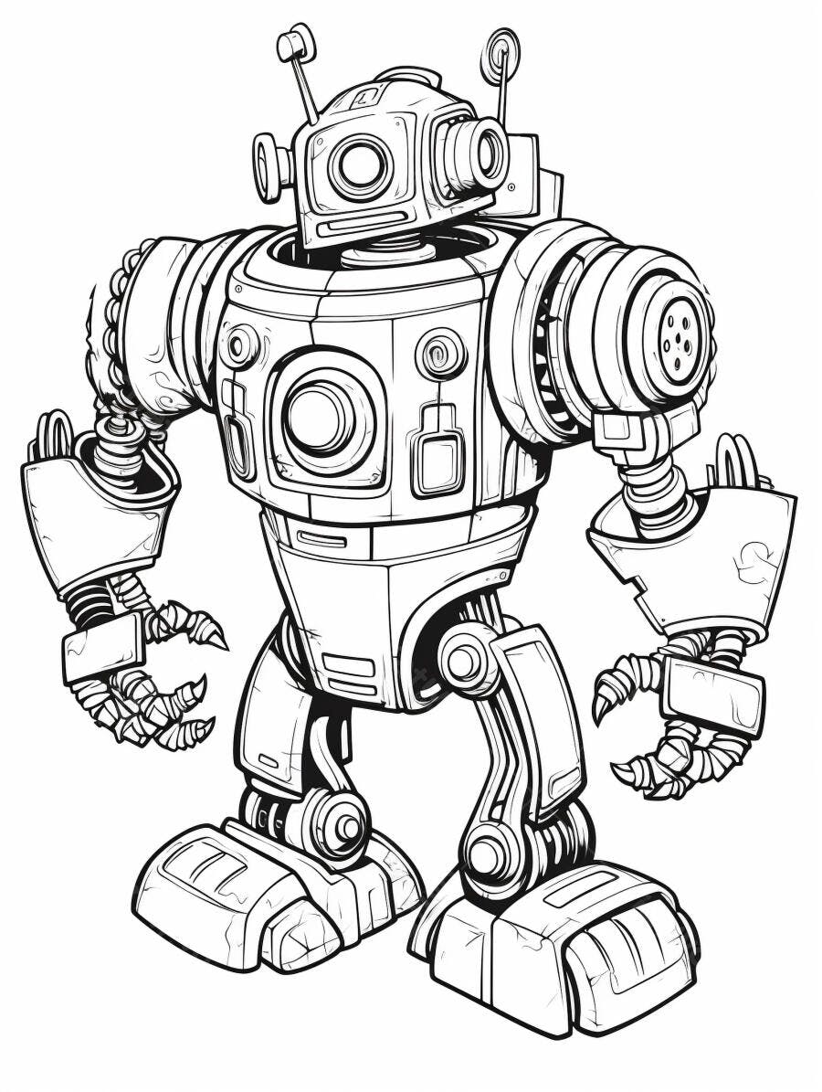 Robô ilustração preto e branco estilo cartoon futurista com antenas